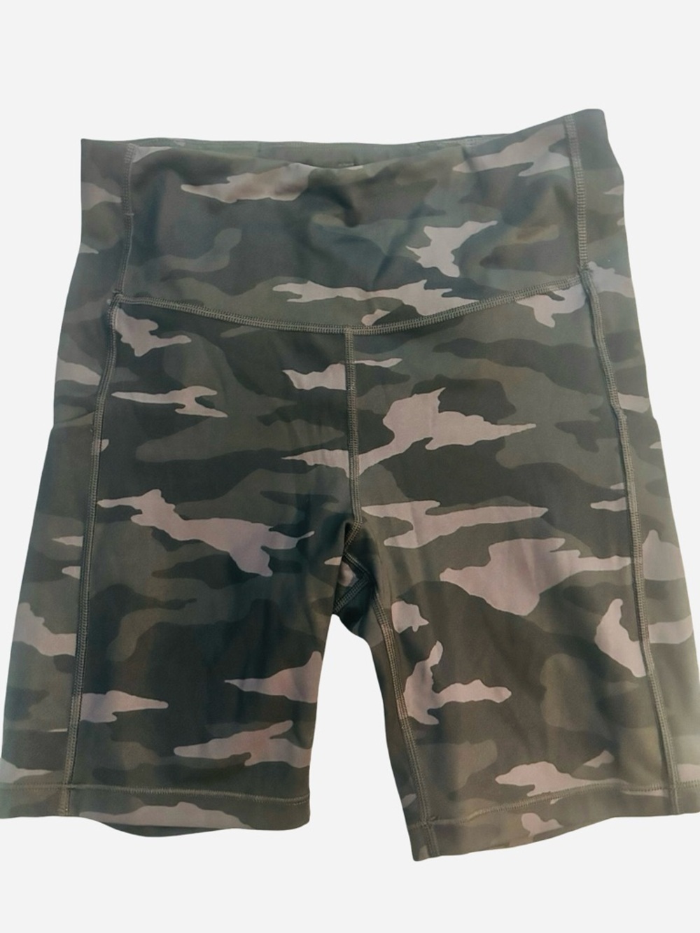 Athleta Camo High-Waist Athletic Bike Shorts in Olive and Taupe